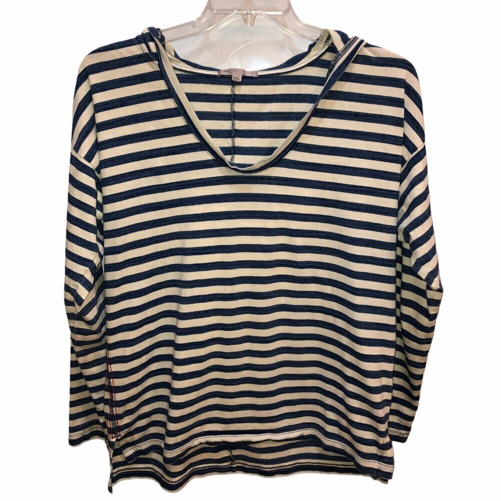 Gap Womens Large Blue Ivory Striped Long Sleeve Hooded Shirt Pullover Hoodie L